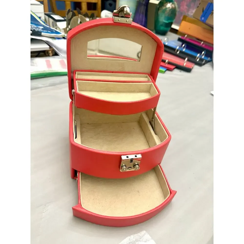 Morelle & Co. Laura Red Leather 3-Tier Jewelry Box With Mirror